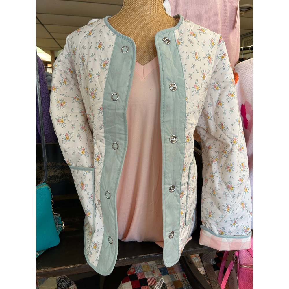 Floral Quilted Cotton Jacket Sage Green Pink Gingham Lining Snap Front B6SJ1005